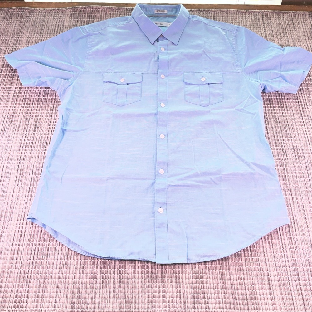Calvin Klein Mens Short Sleeve Button Down Shirt Blue Cotton Slub Large PC728